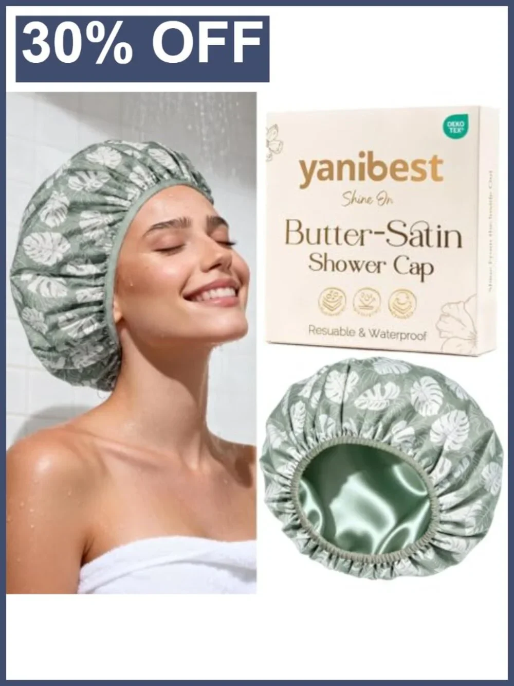 Reusable Waterproof Satin Lined Shower Cap with Elastic Edge